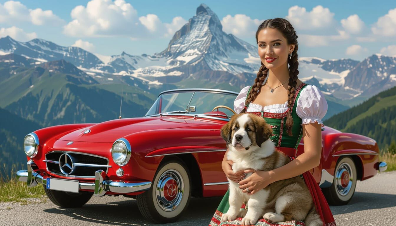 Woman in Dirndl with Saint Bernard Beside Vintage Mercedes i...