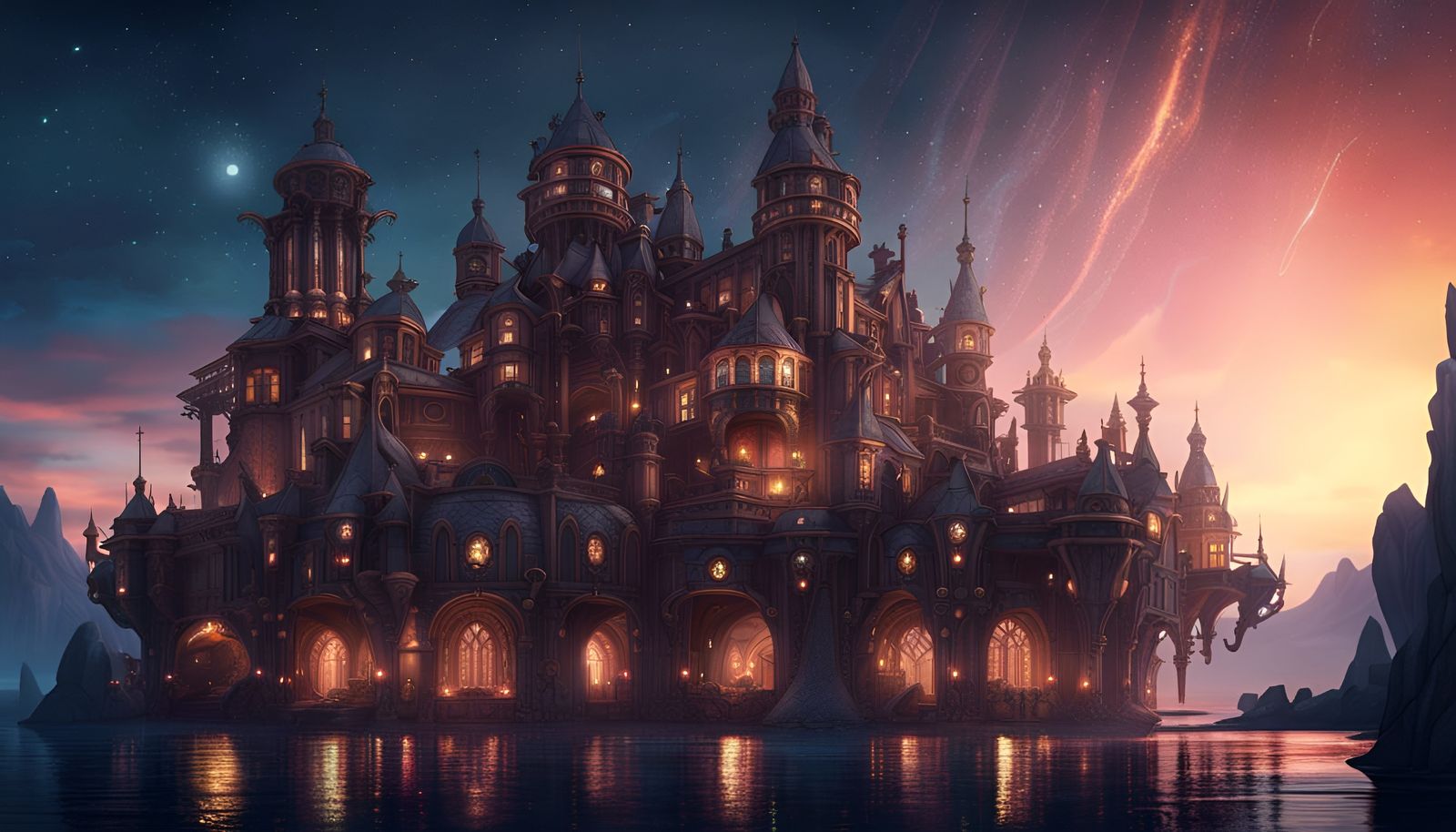 Fantasy Steampunk Palace on Island at Sunset