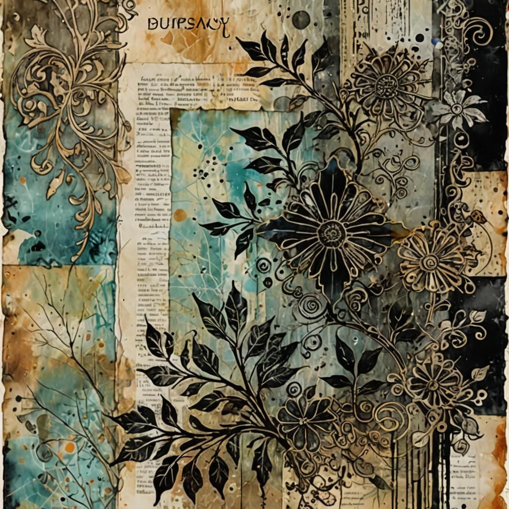 Grungy Mixed Media Encaustic Painting with Collage Elements