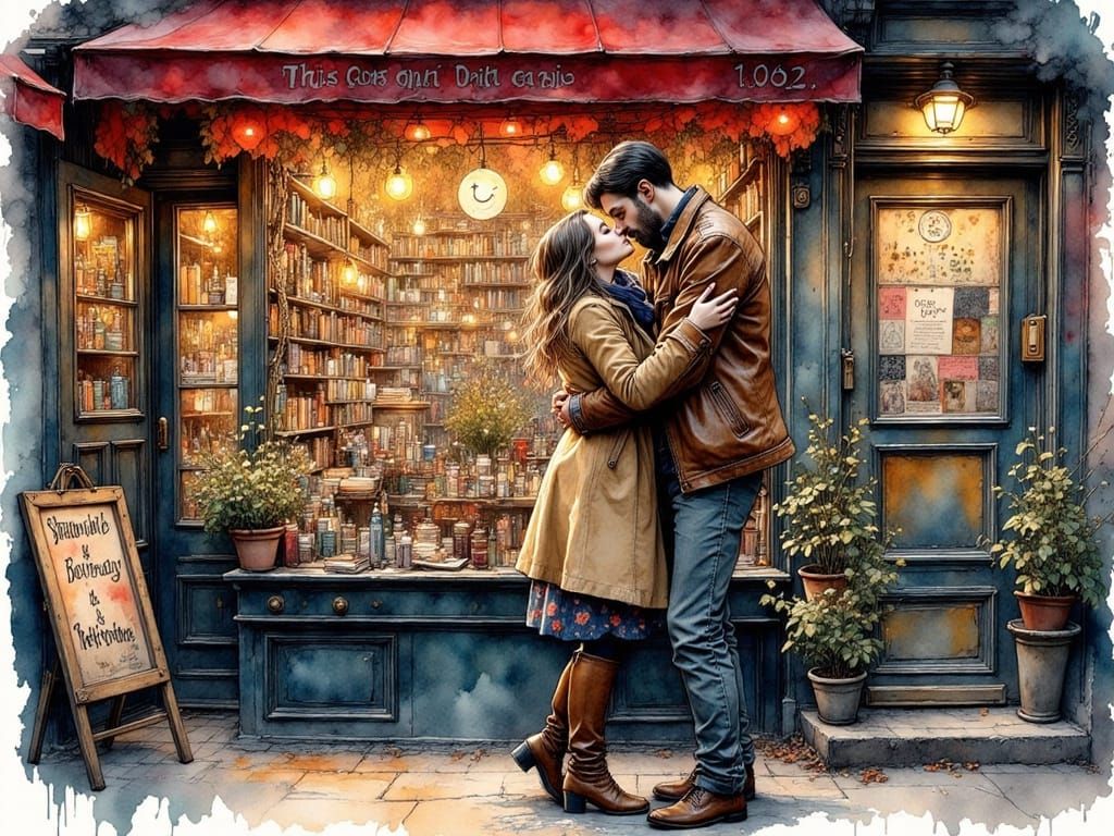 Passionate Embrace Outside a Bookstore in Ink Art Style
