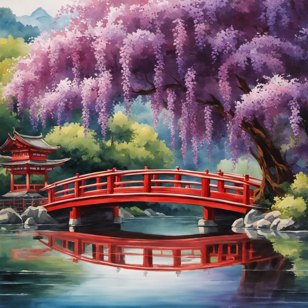 Japanese Red Soribashi Bridge with Wisteria in Watercolour