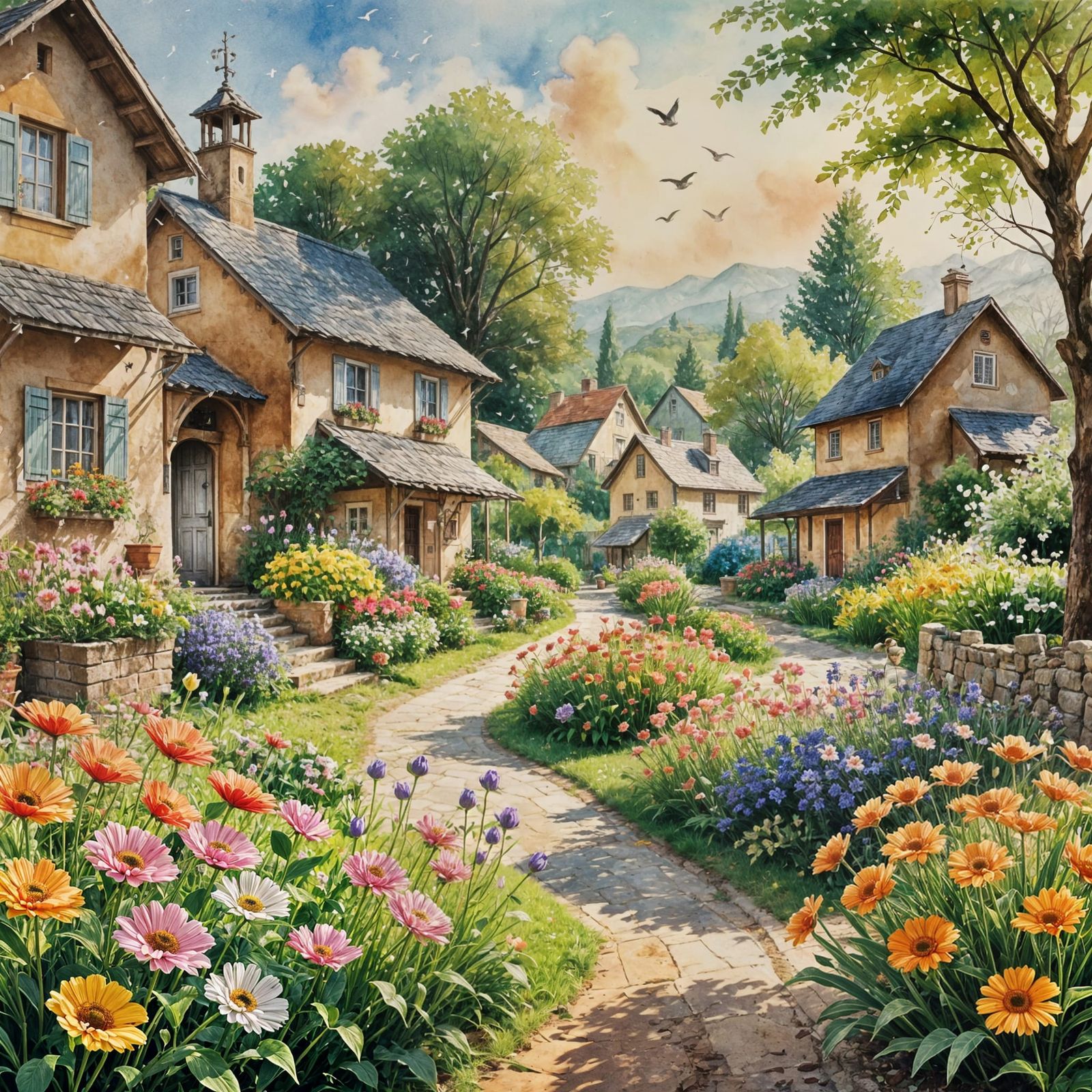 Idyllic Spring Village Scene in Vibrant Watercolor