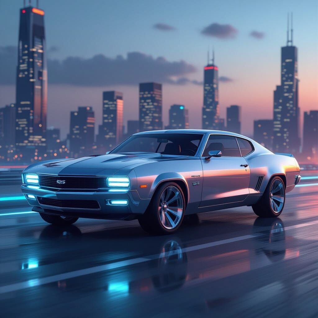 Futuristic Chevrolet Chevelle in Cyberpunk Cityscape