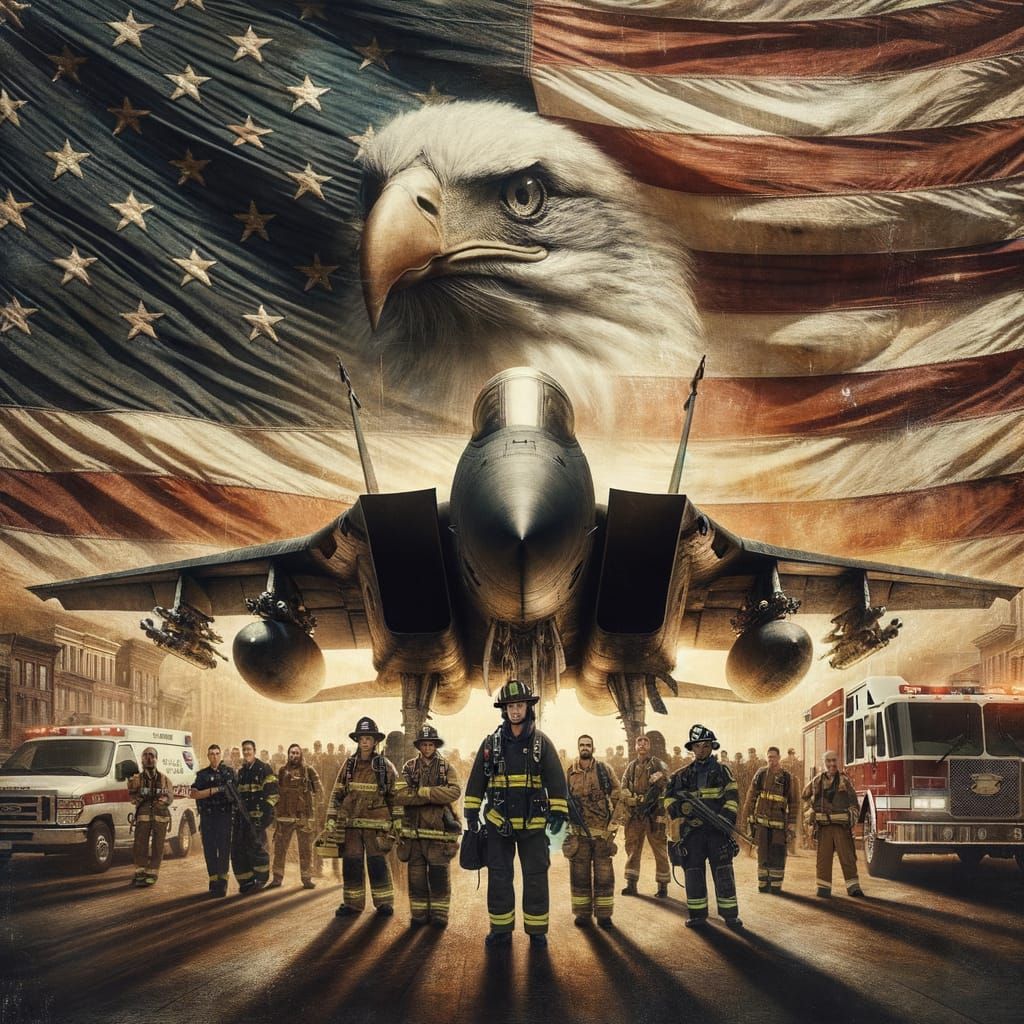 American Pride: F14 Jet Silhouette with First Responders
