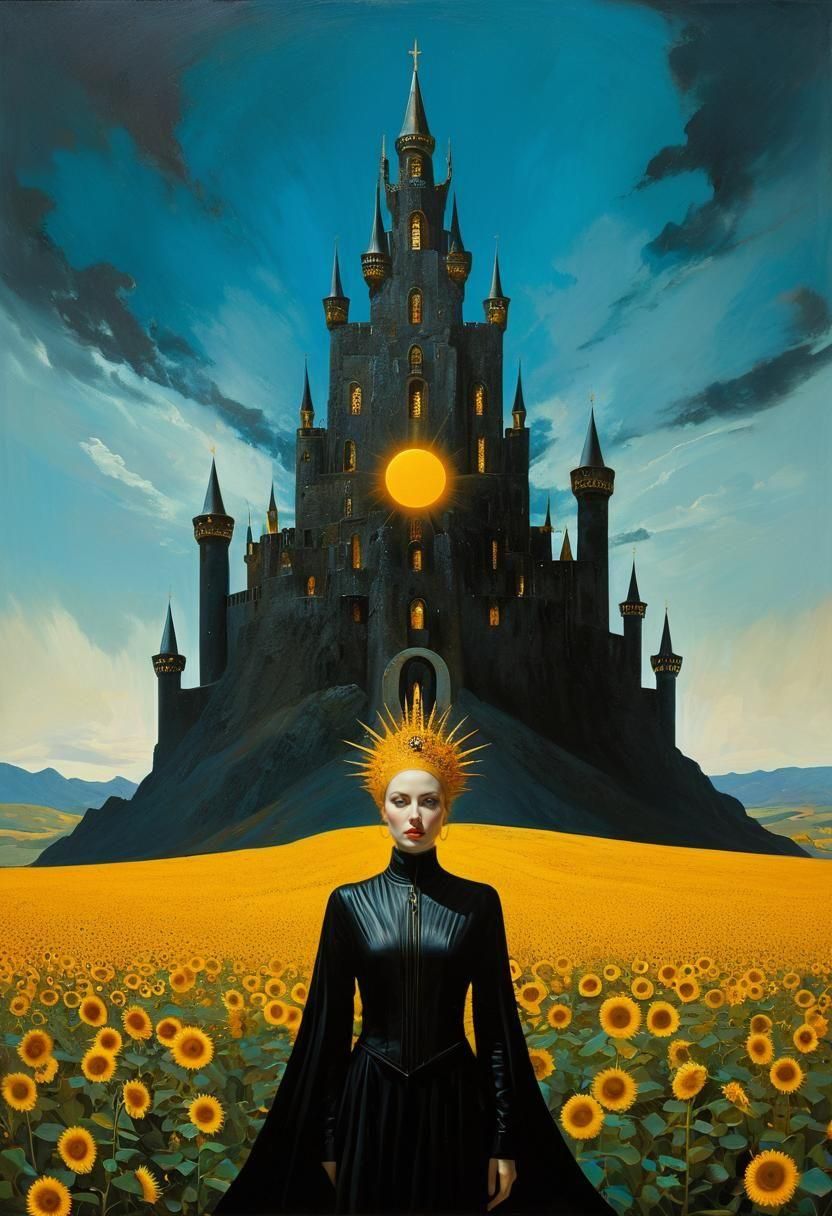 Radiant Sun Priestess Portrait in Surreal Style