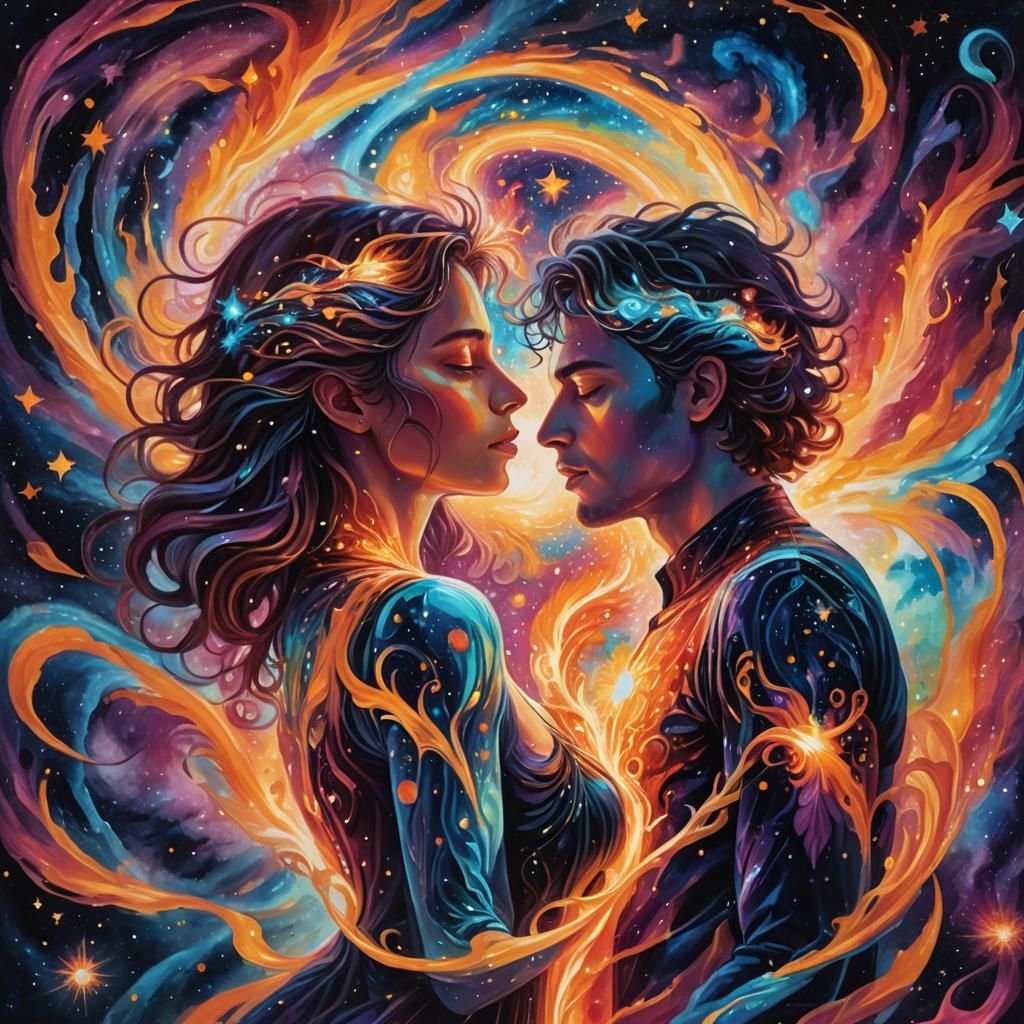 Cosmic Twin Flames Embrace: A Visionary Oil Painting