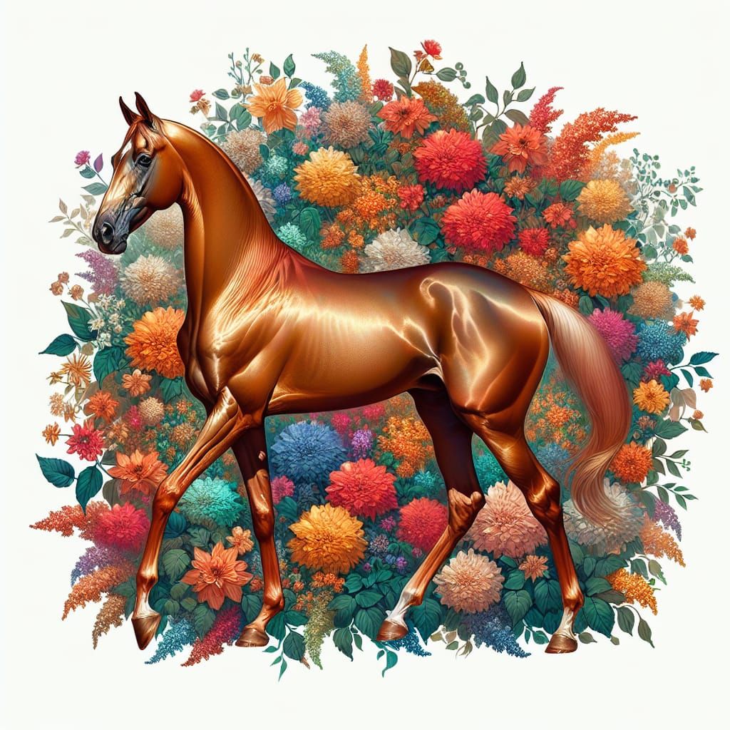 Elegant Copper Coat Akhal-Teke in a Floral Bloom