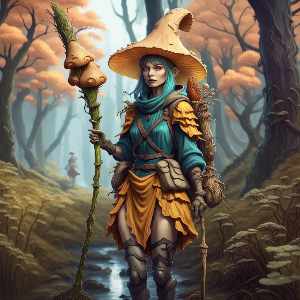Mushroom Humanoid Traveler in Detailed Matte Painting