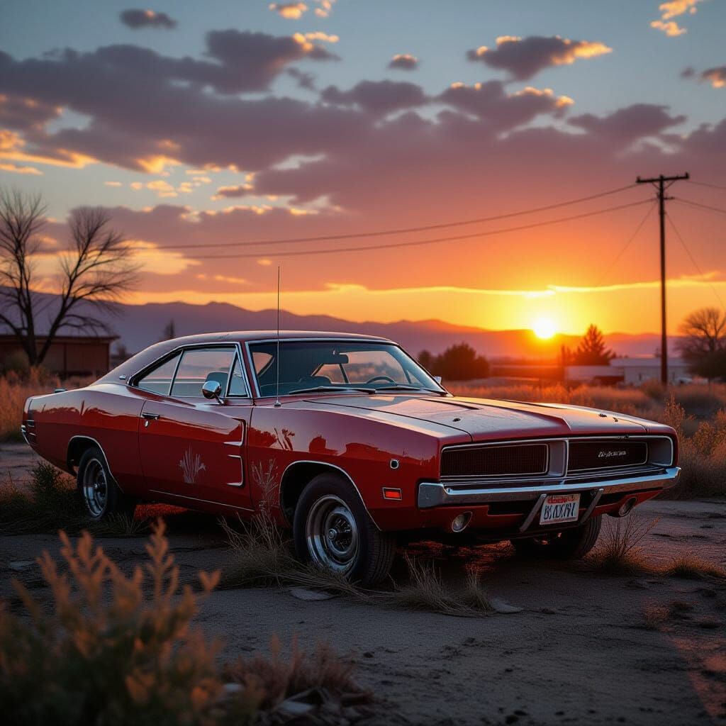 Abandoned 1969 Dodge Charger in Junkyard at Sunset