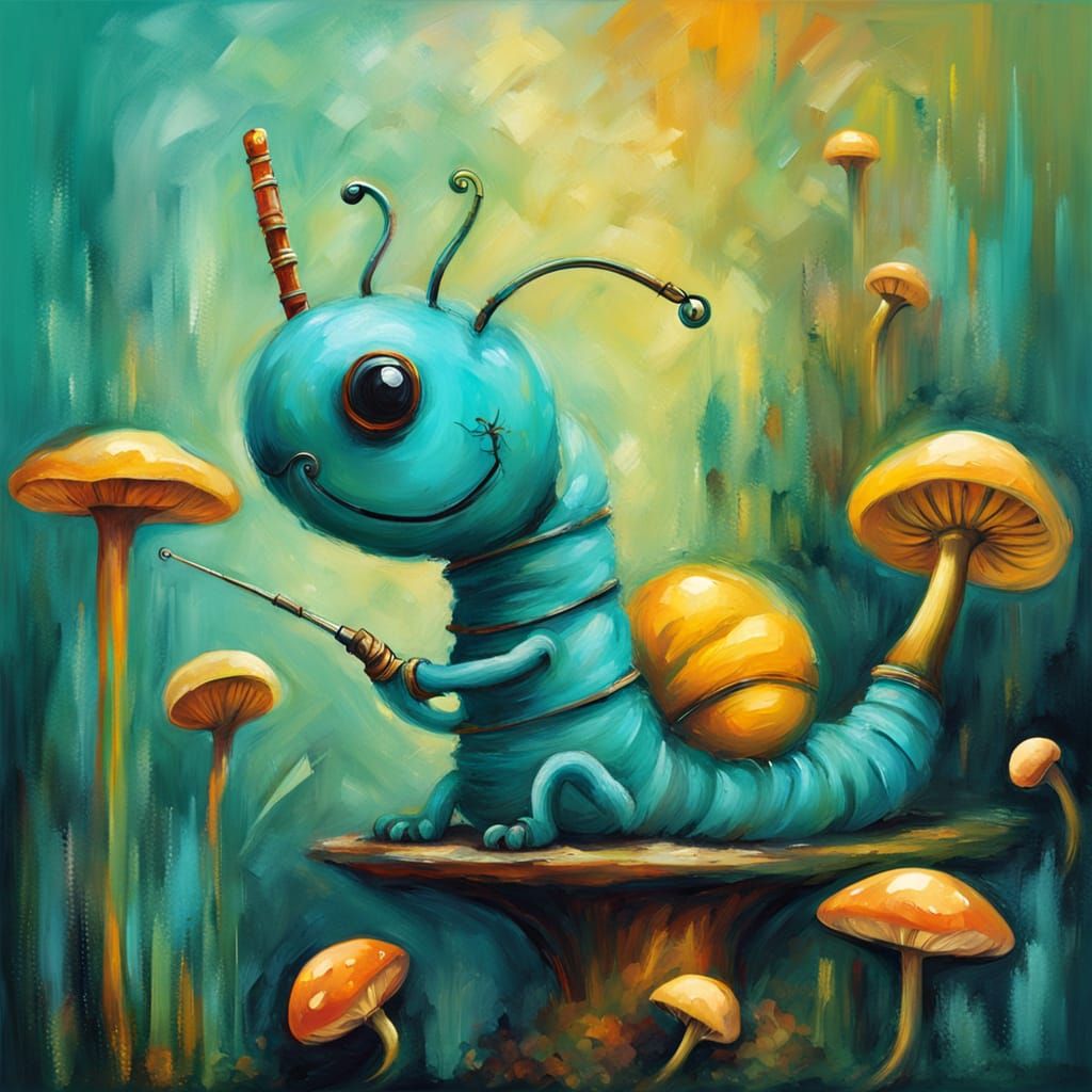 Impressionist Caterpillar Smoking Hookah on Mushroom