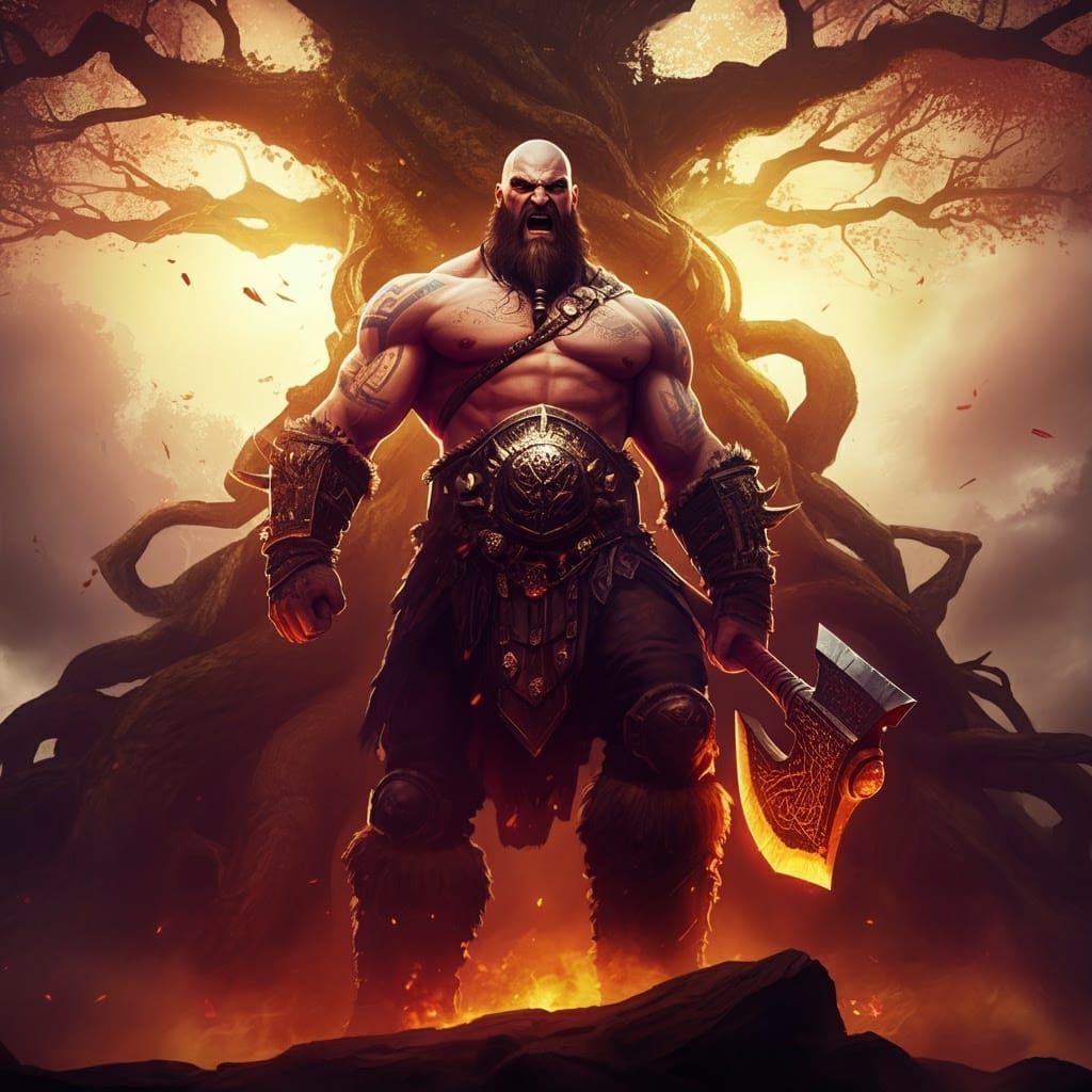 Fierce Barbarian Stands Before the World Tree in Dark Fantas...