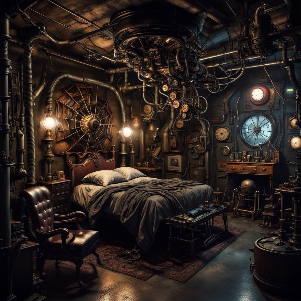 A dimly lit underground cyborg steampunk  creepy spooky bedr...