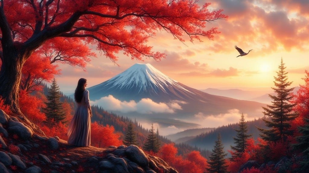 Woman on Autumn Mountain Peak with Mount Fuji