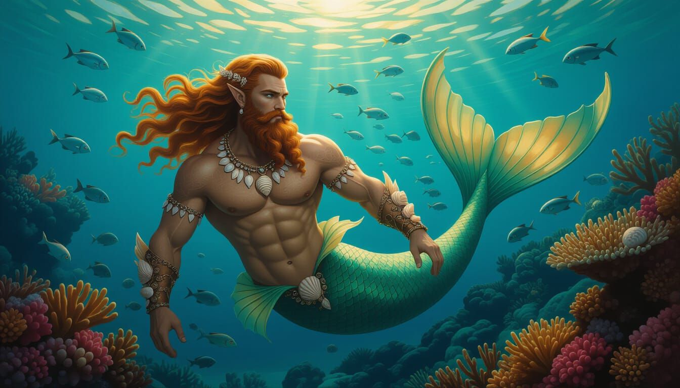Merman Surveys Coral Kingdom as Oil Painting