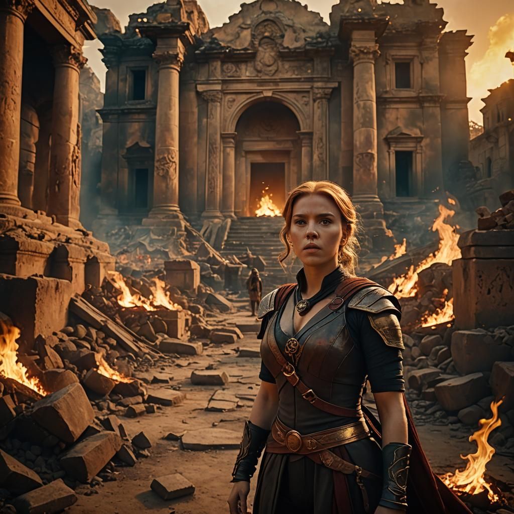 Fiery Ruins: Cinematic Portrait of a Powerful Sorceress