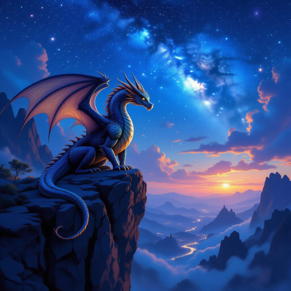 Majestic Dragon Surveys Kingdom Under Starry Night Sky