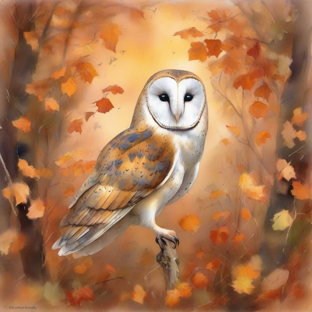 Barn Owl Gliding at Autumn Dusk in Watercolor Style