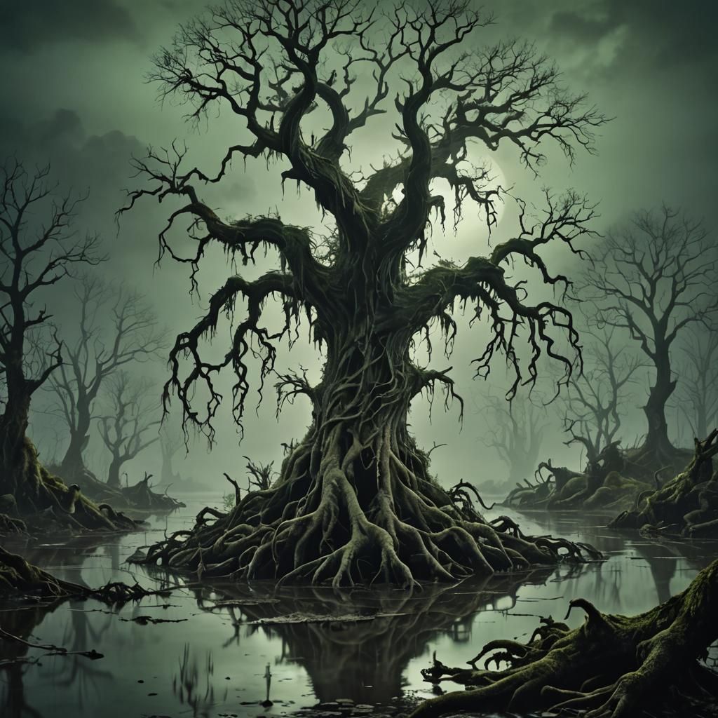 Gnarled Tree in Misty Swamp: Dark Fantasy Illustration