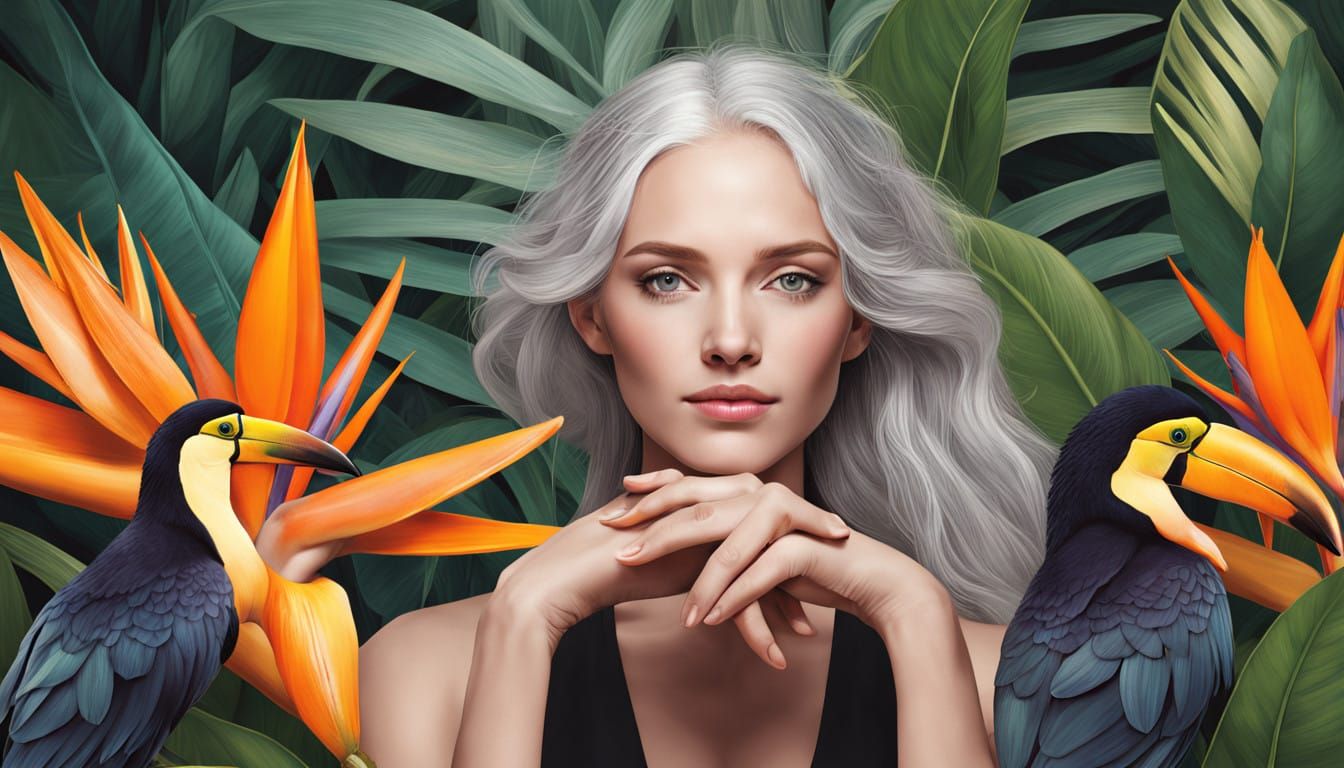 Serene Woman in Tropical Paradise with Strelitzia and Toucan...