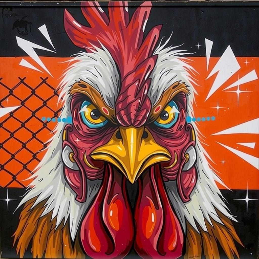 Graffiti Mural of a Fierce Cartoon Rooster
