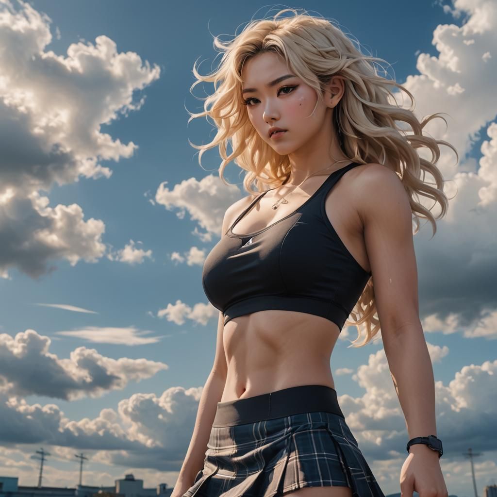 Seductive Anime Girl in Tartan Skirt, Blond Hair