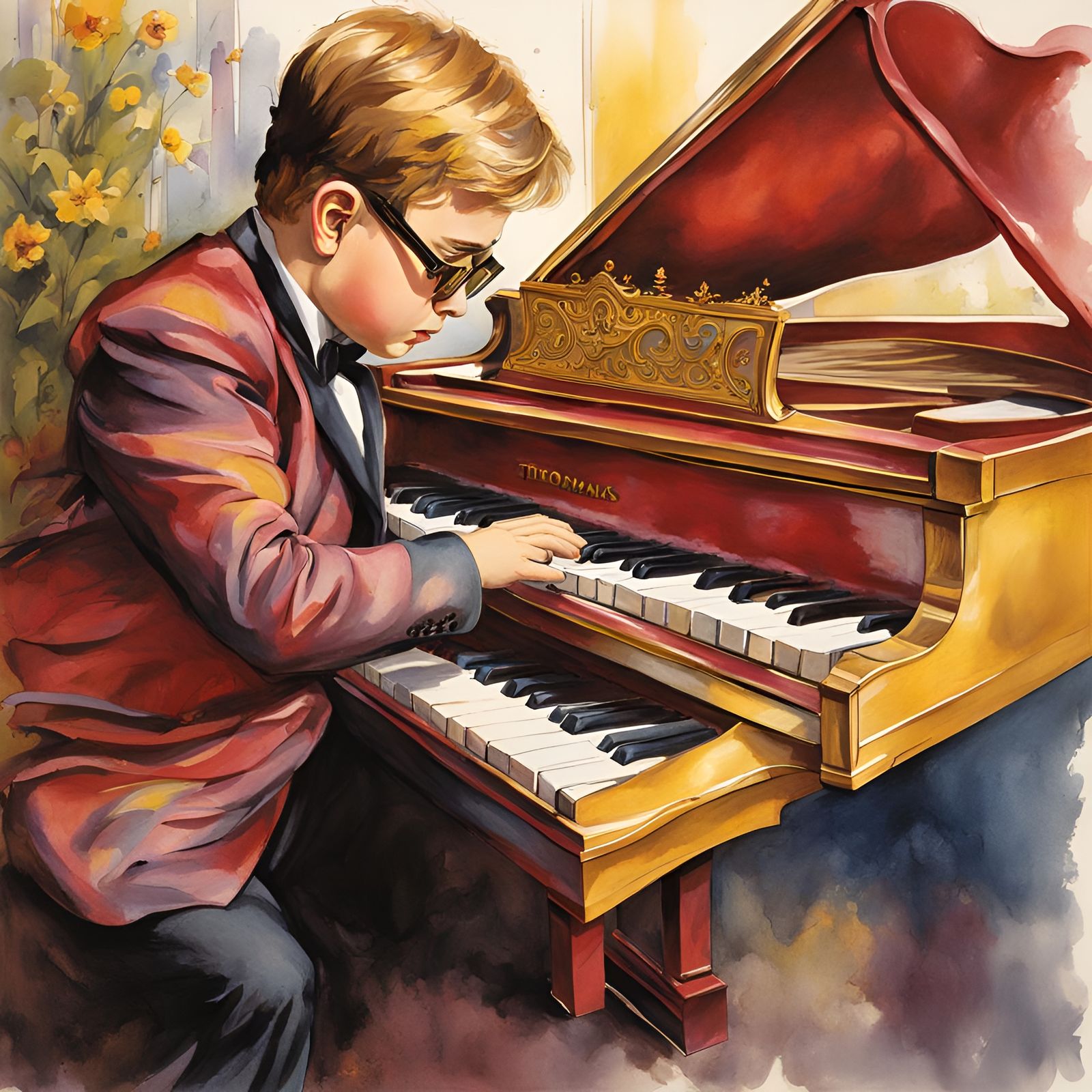 Young Boy at Toy Piano in Watercolor Style