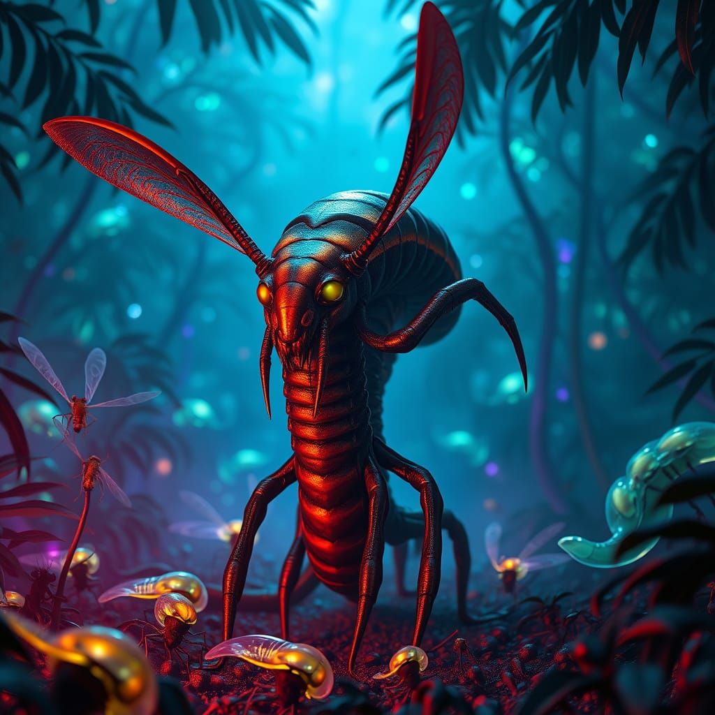 Sentient Centipede in Bioluminescent Alien Jungle