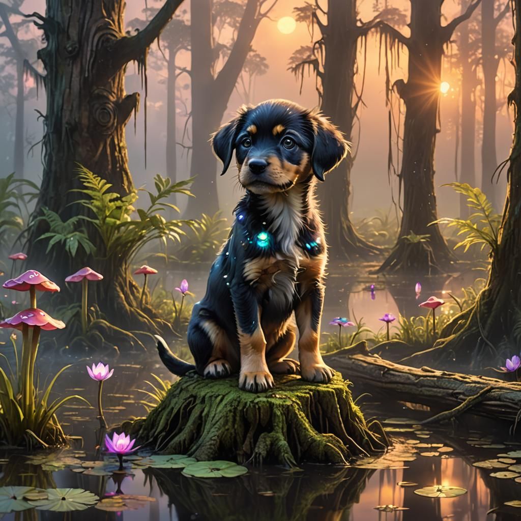 Glowing Puppy in Louisiana Swamp, Fantasy Art