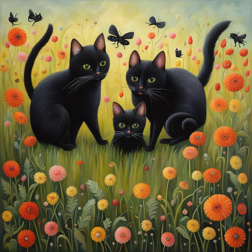 Black Cats Play With Mouse in Whimsical Style