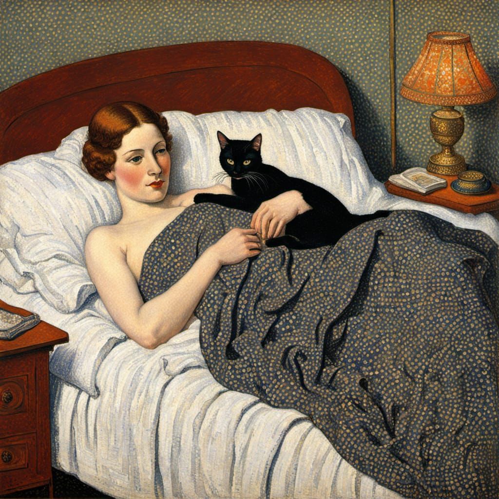 In Bed or Woman with Cat