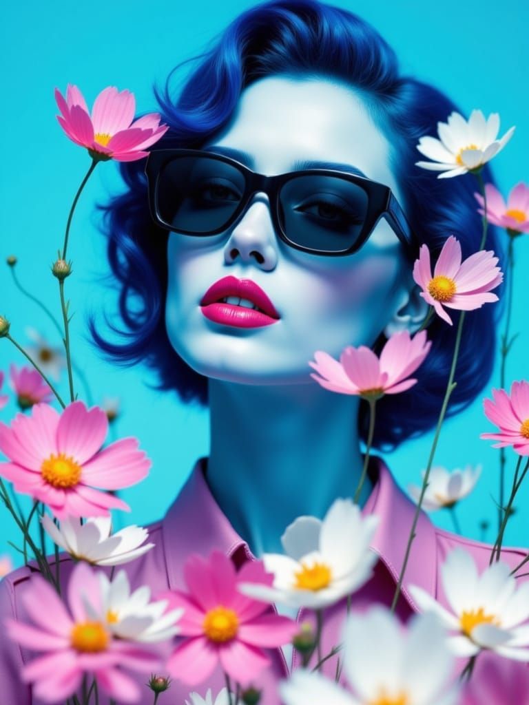 Cyan Skinned Woman in Sunglasses with Floral Reflections