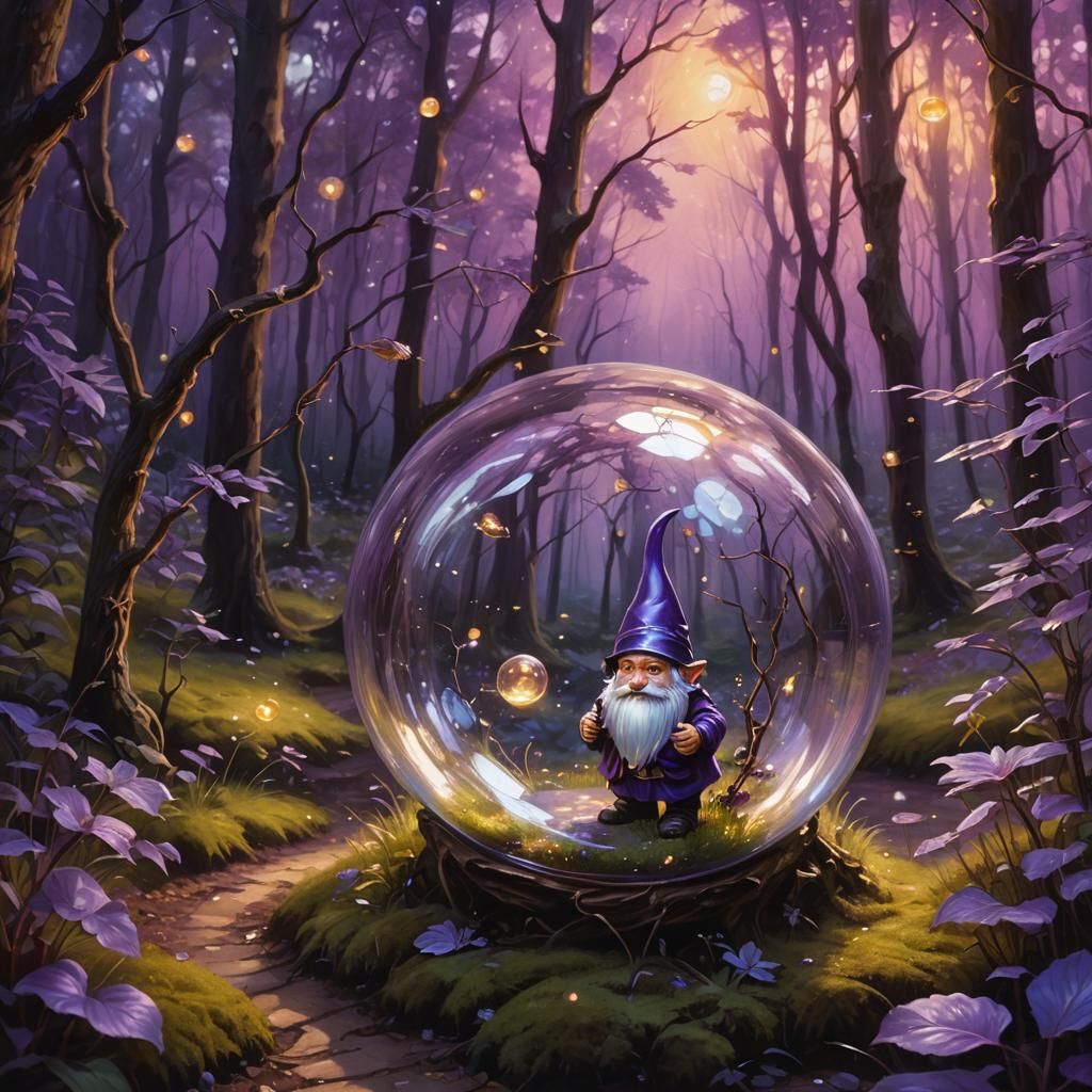 Gnome in Glass Bubble in Surreal Purple Forest