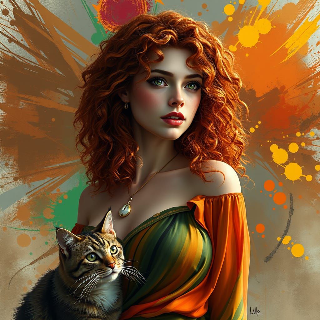 Woman With Long Curly Hair and Cat in Colorful Explosion
