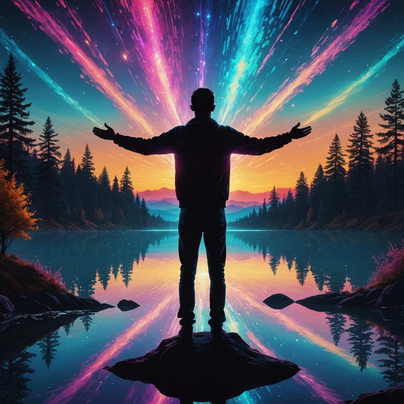 Silhouette Gazing at Cosmic Sky in Astral Illustration