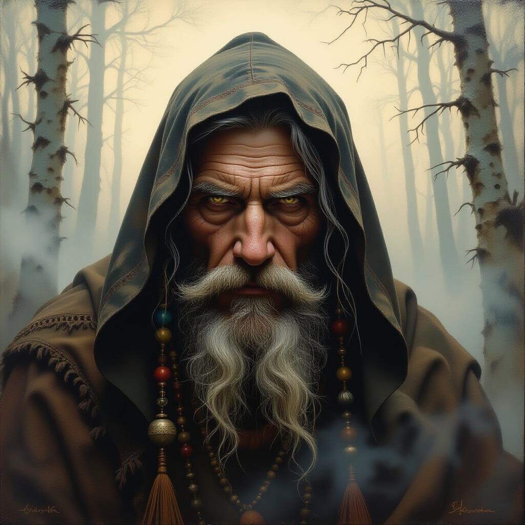 Slavic Shaman in Misty Forest, Oil Painting Style