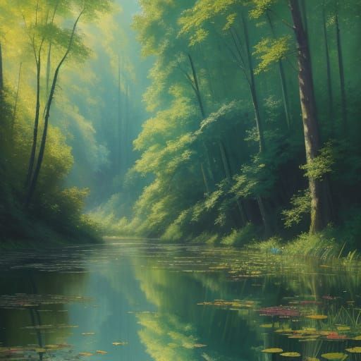 Majestic River in Sun Dappled Forest Impressionist Painting