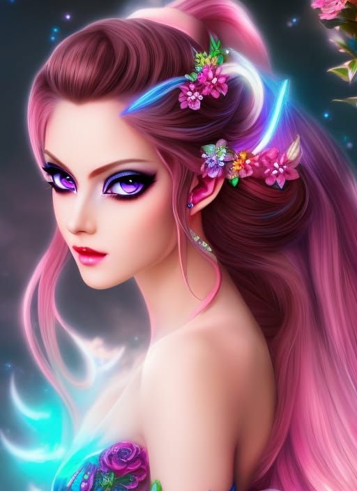 Neon-Ink Anime Elf Goddess in Lushill Style