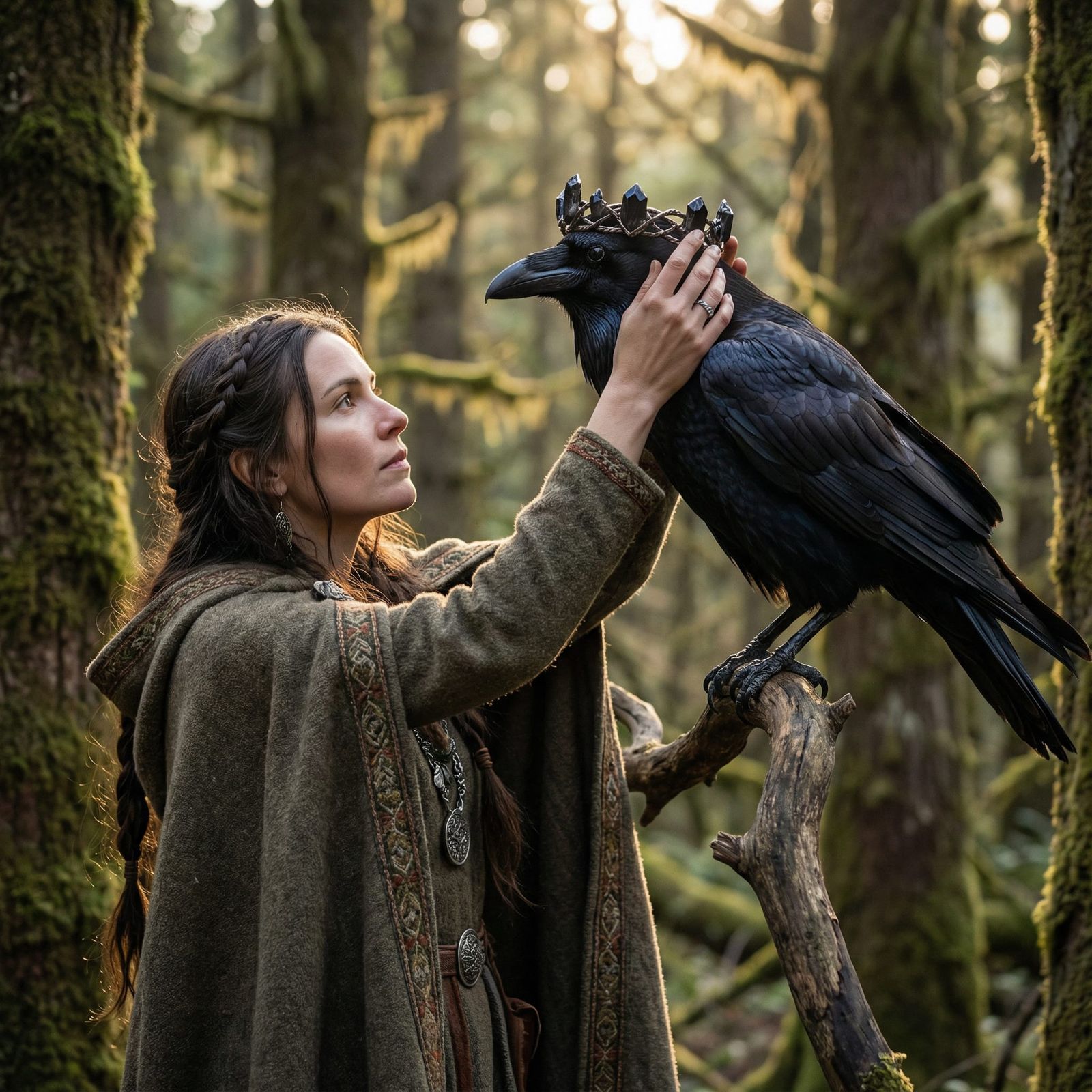 Celtic Shamanic Woman Crowns Giant Crow in Forest