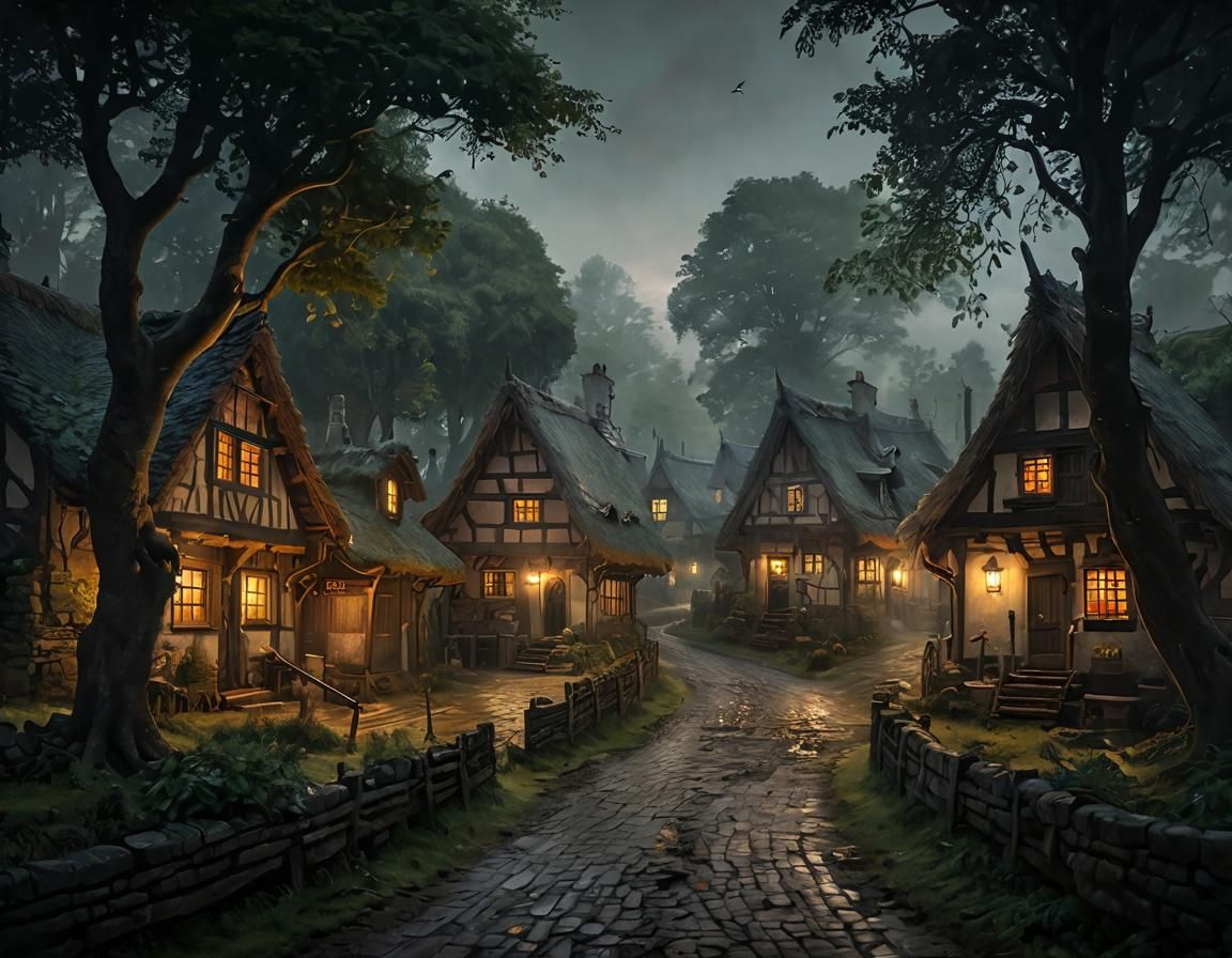 Rustic Village in Dark Fantasy Impasto Style