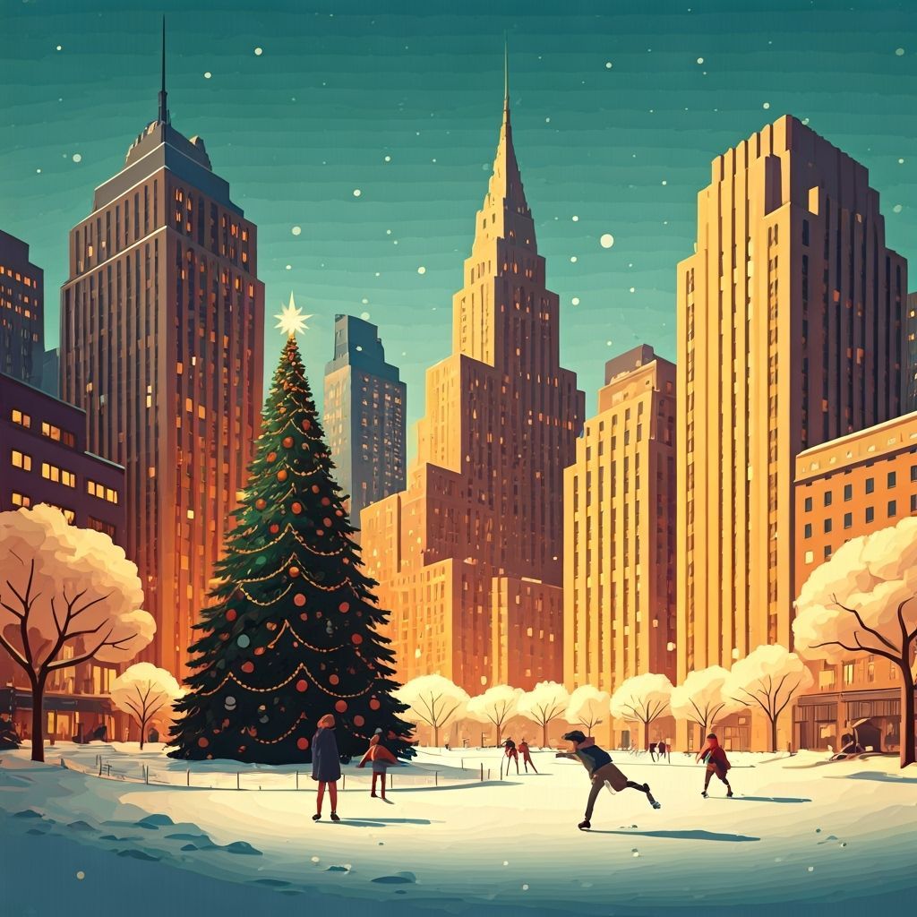 Festive Christmas Cityscape at Dusk with Ice Skaters