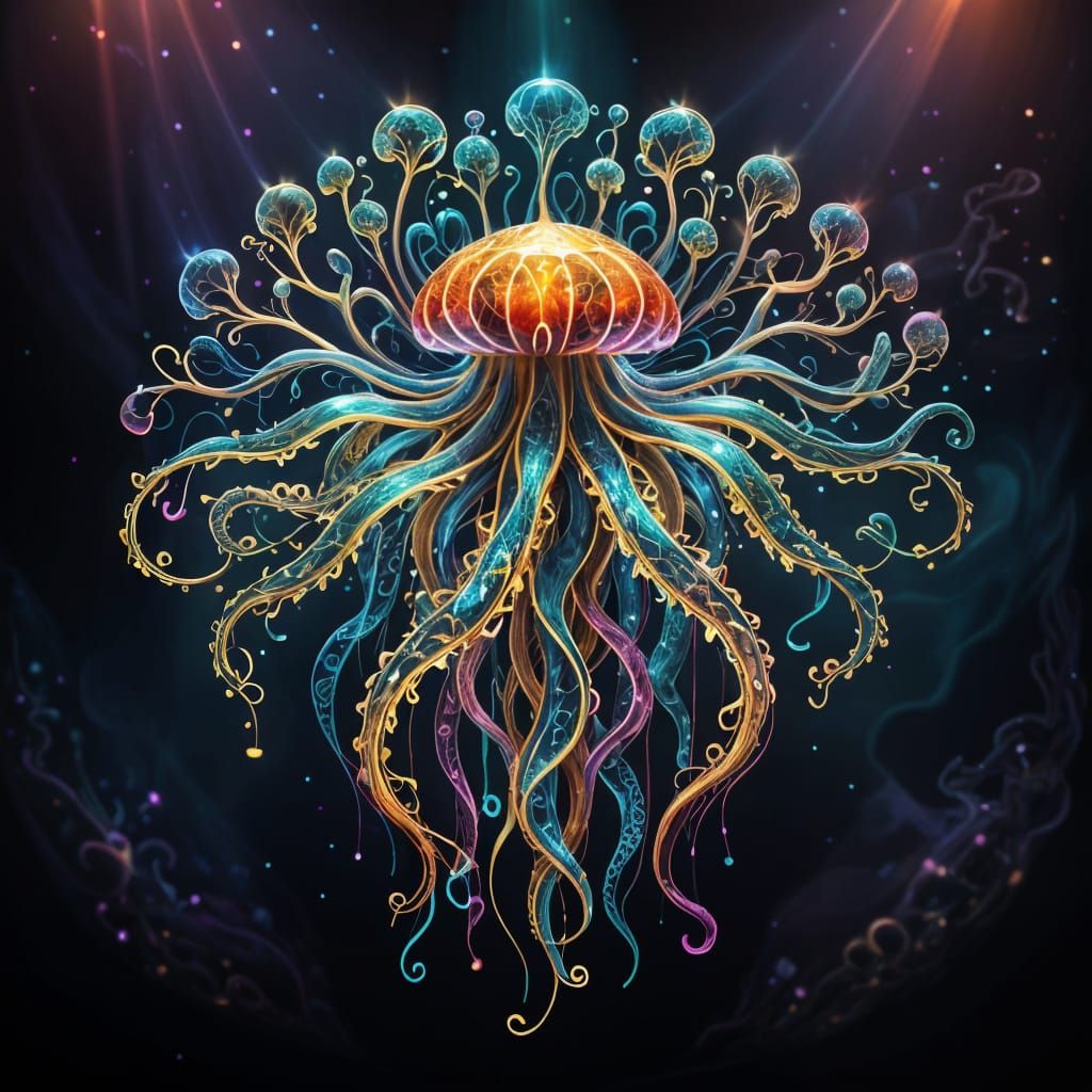 Floating Plant with Glowing Tentacles in Holographic Colors