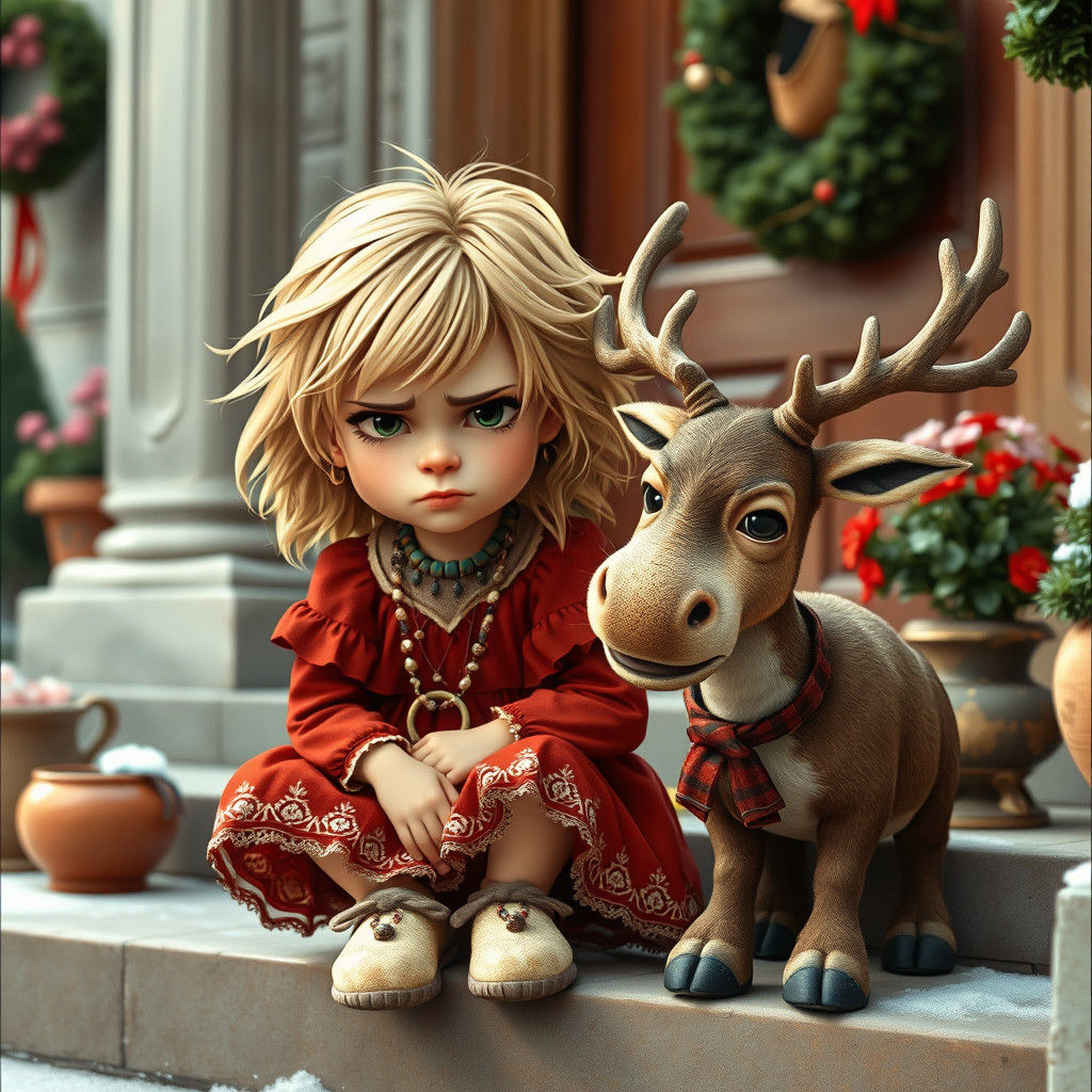 Girl and Reindeer in Art Nouveau Style