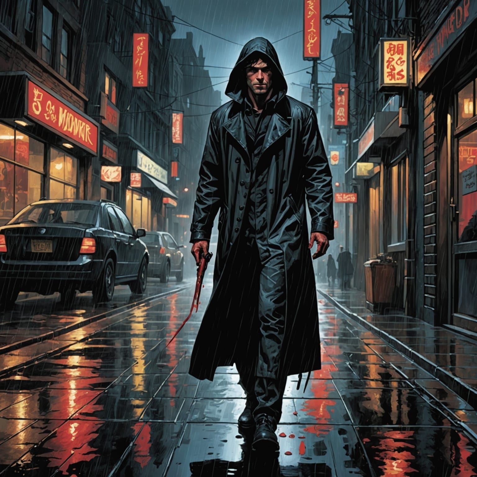 Man in Rain with Blood, Comic Book Art
