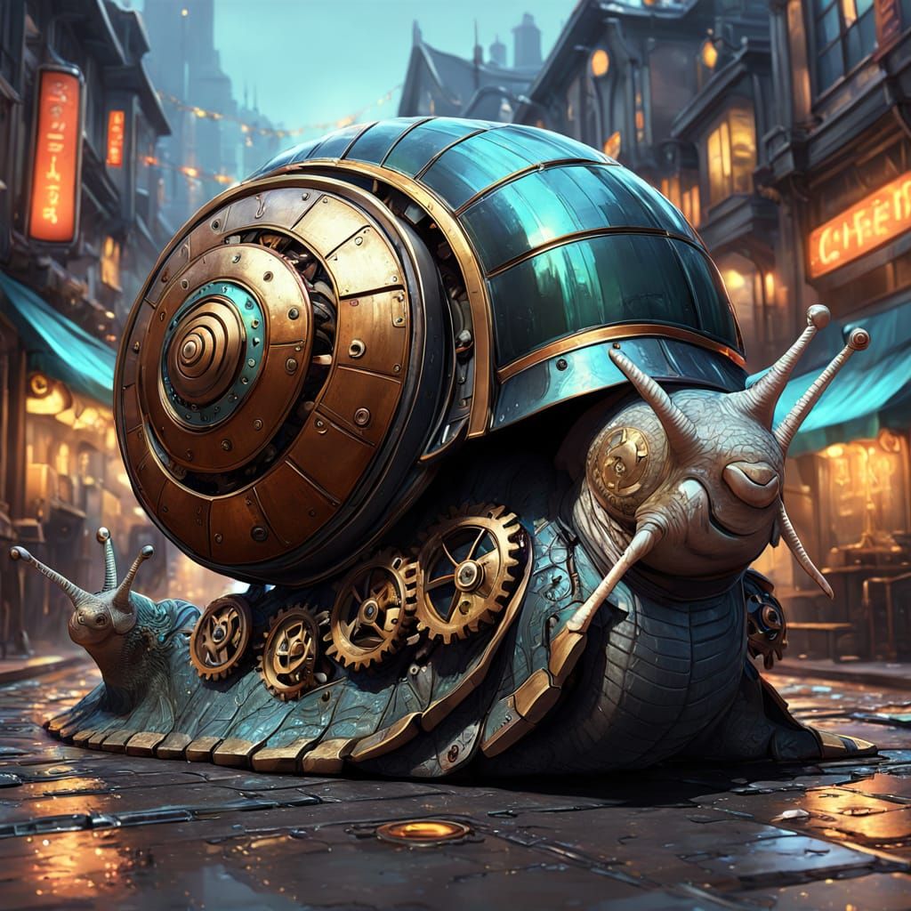 Steampunk Snail Gears on Cobblestone Street