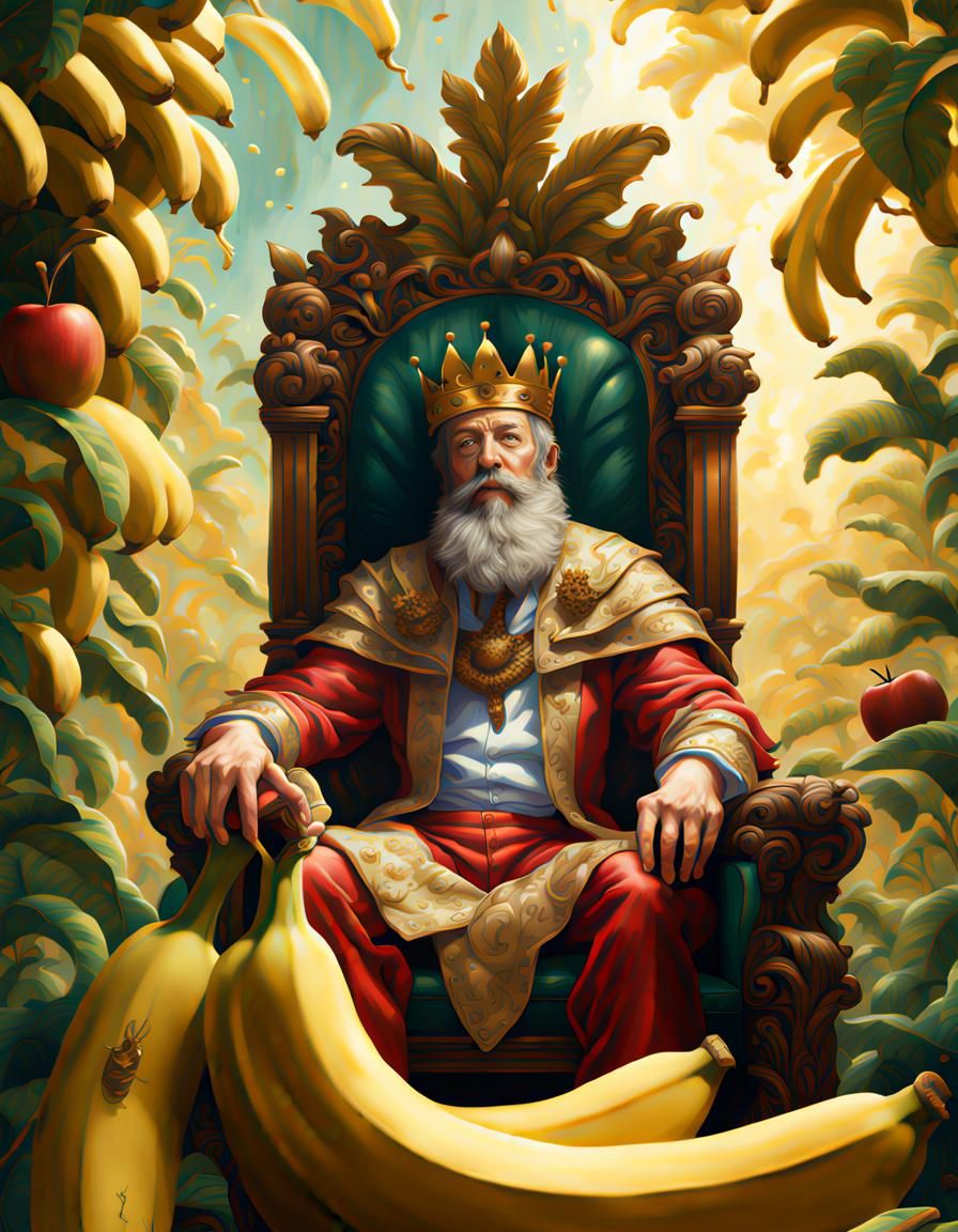 Banana King on Throne Amidst Apple Trees