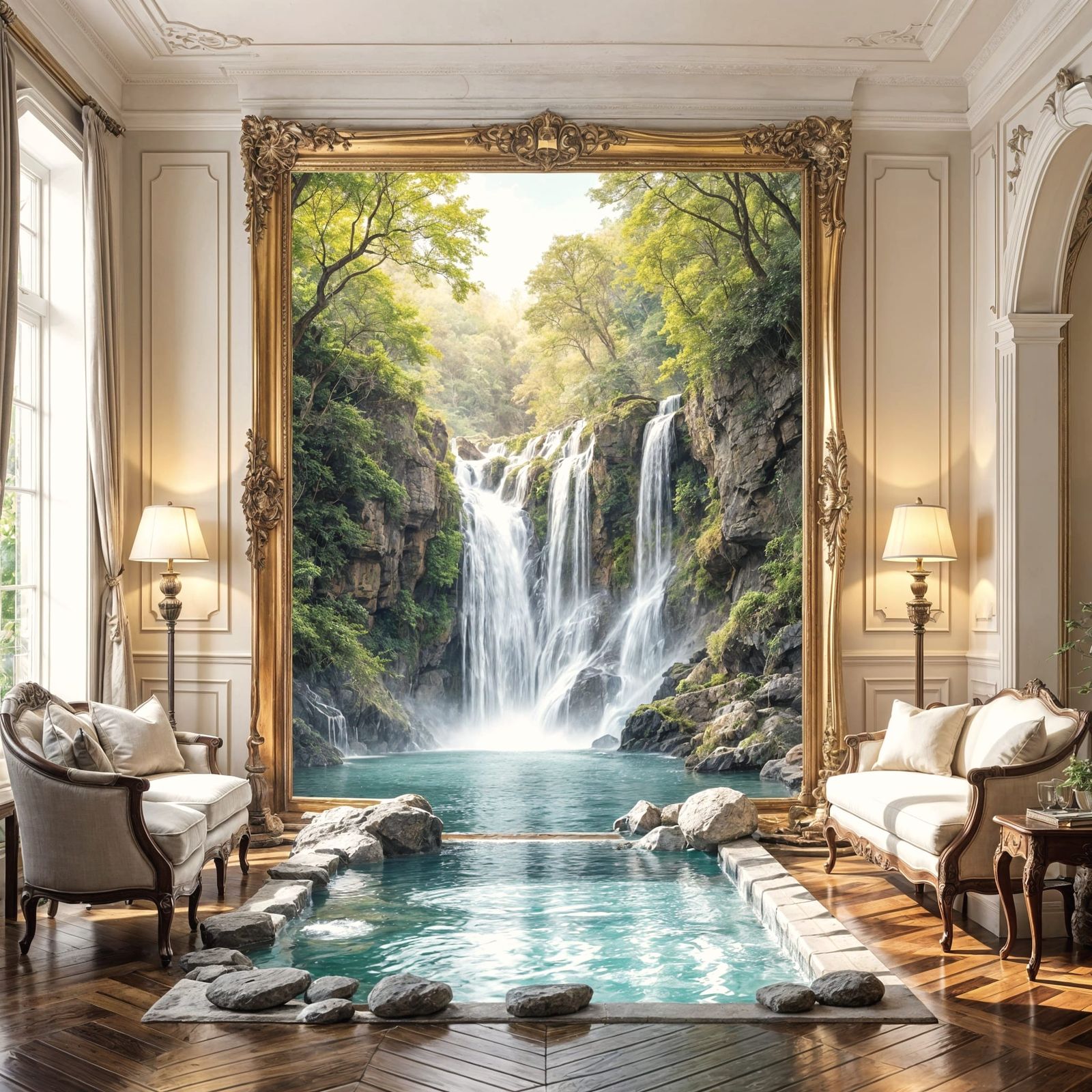 Surreal Living Room with Waterfall Painting