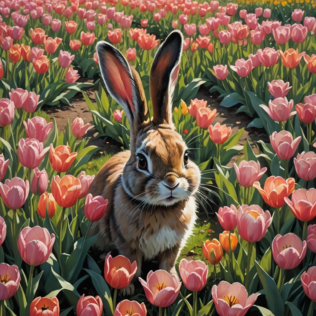 Rabbit in Tulip Field: Whimsical Oil Painting