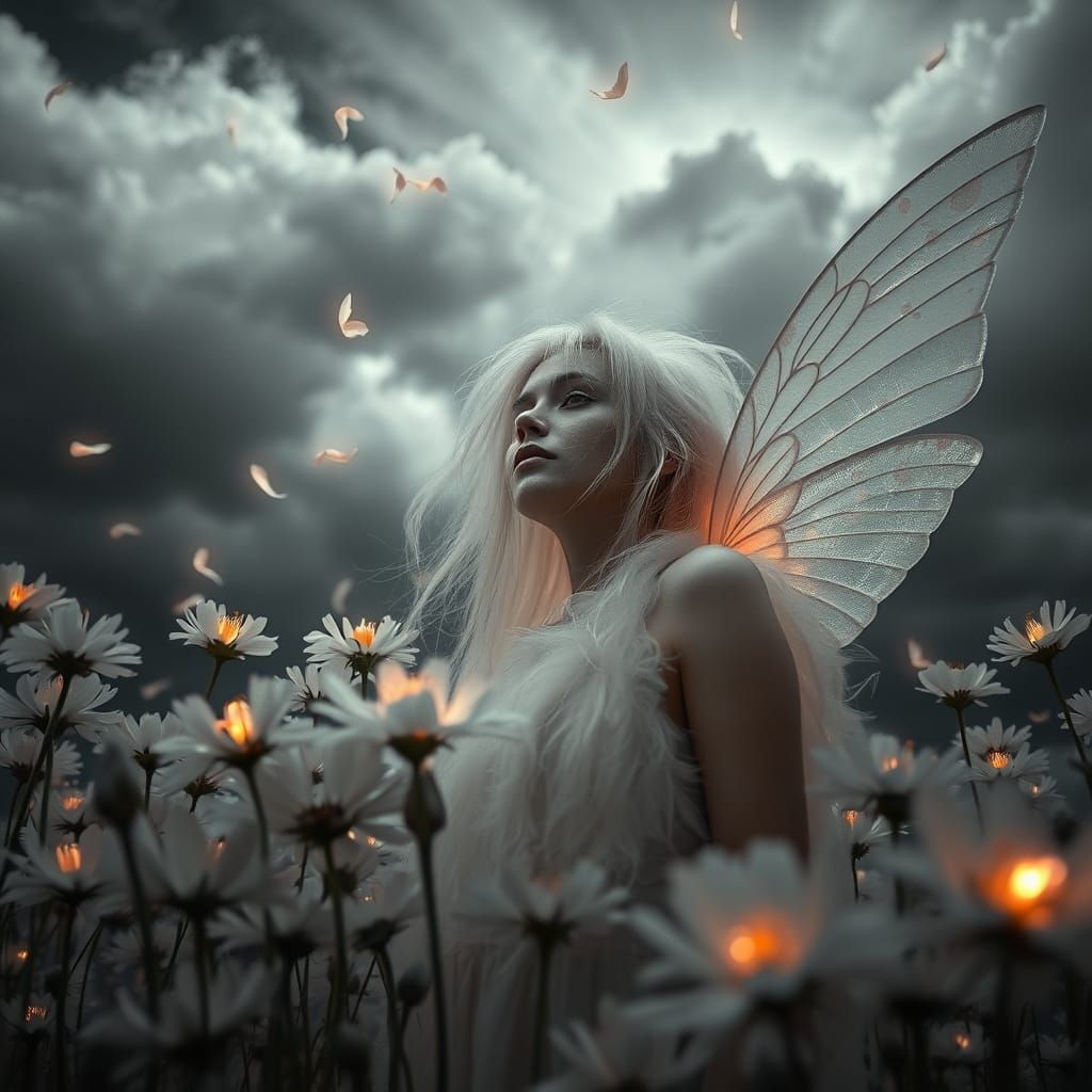 Ethereal Fairy Amidst Ghostly Flowers Under Stormy Sky