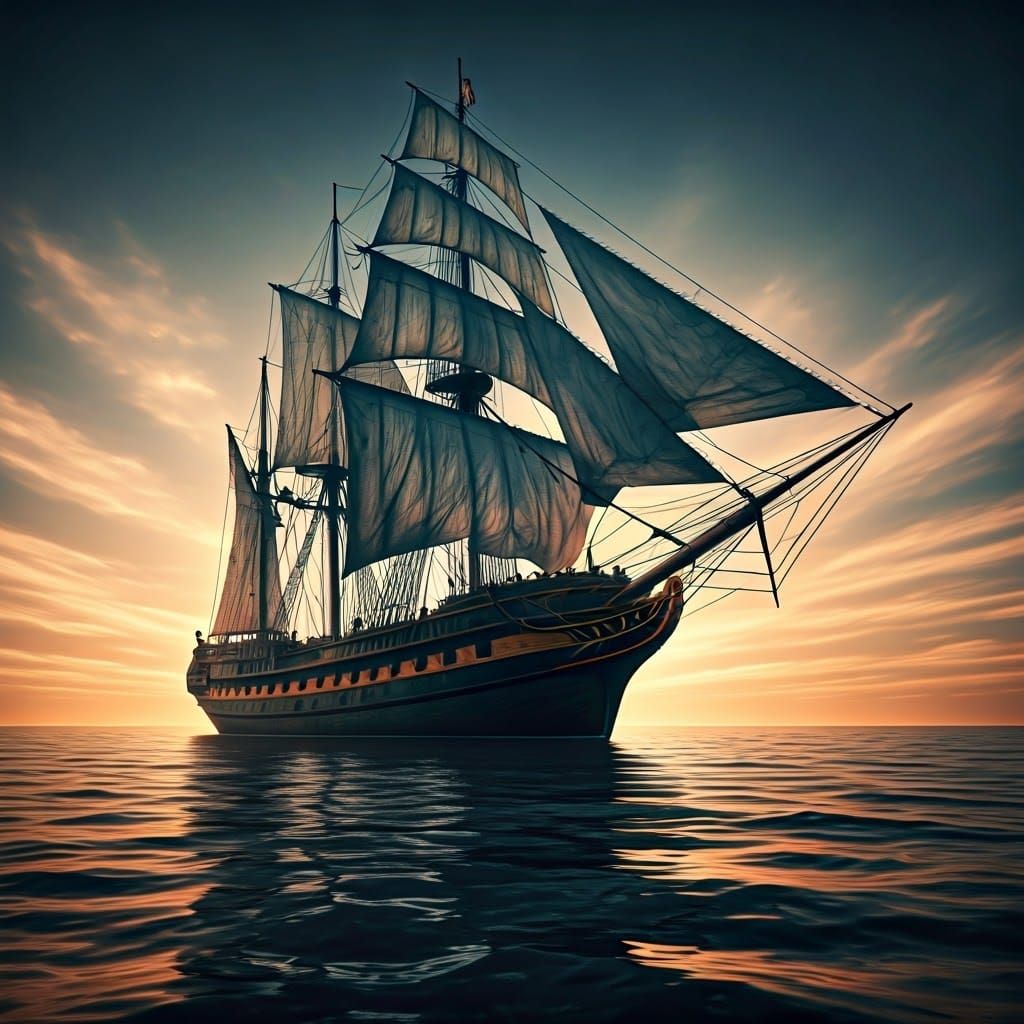 Hyperrealistic Sailing Ship at Pale Sunrise