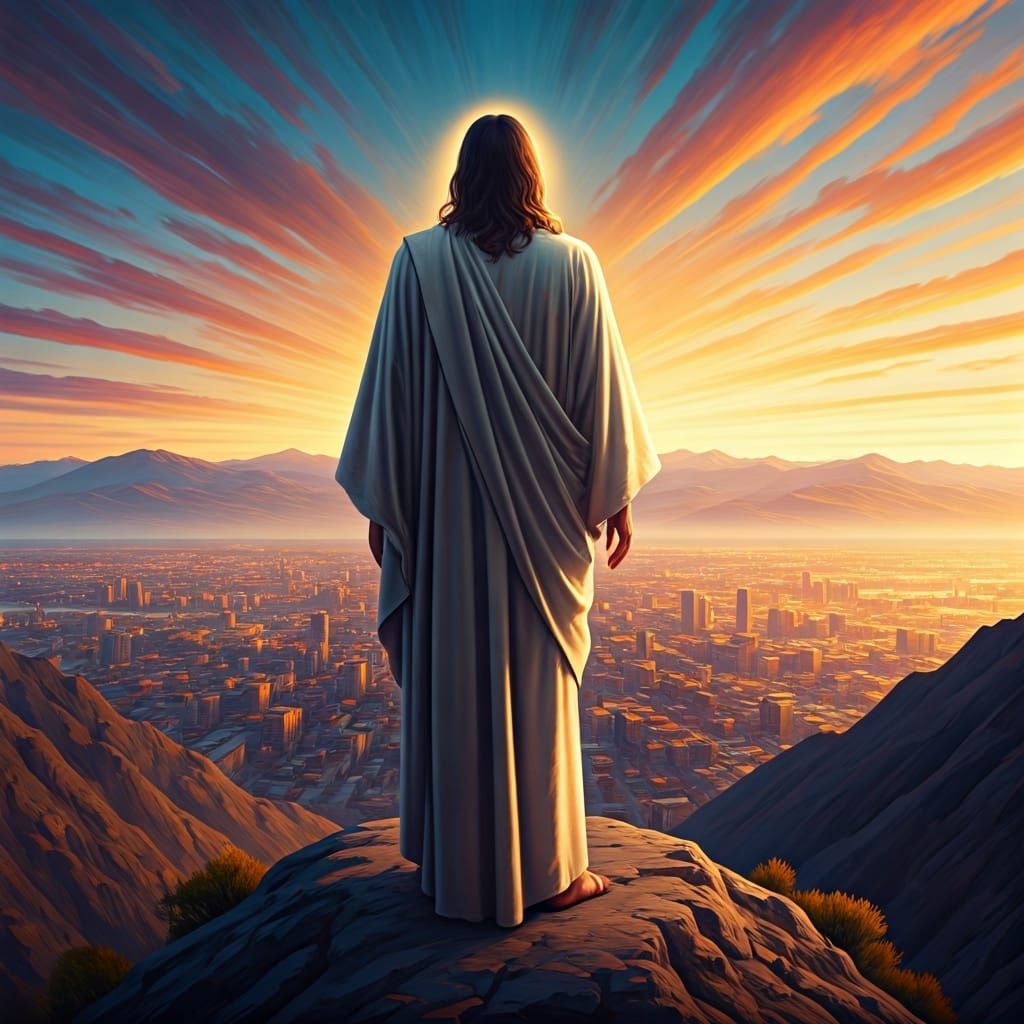 Jesus Overlooking City: Hyperrealistic Digital Painting